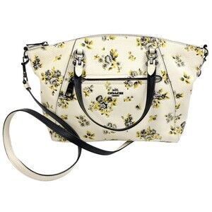Coach Prairie Satchel Pebble Leather Handbag Chalk Floral Roses Crossbody Purse